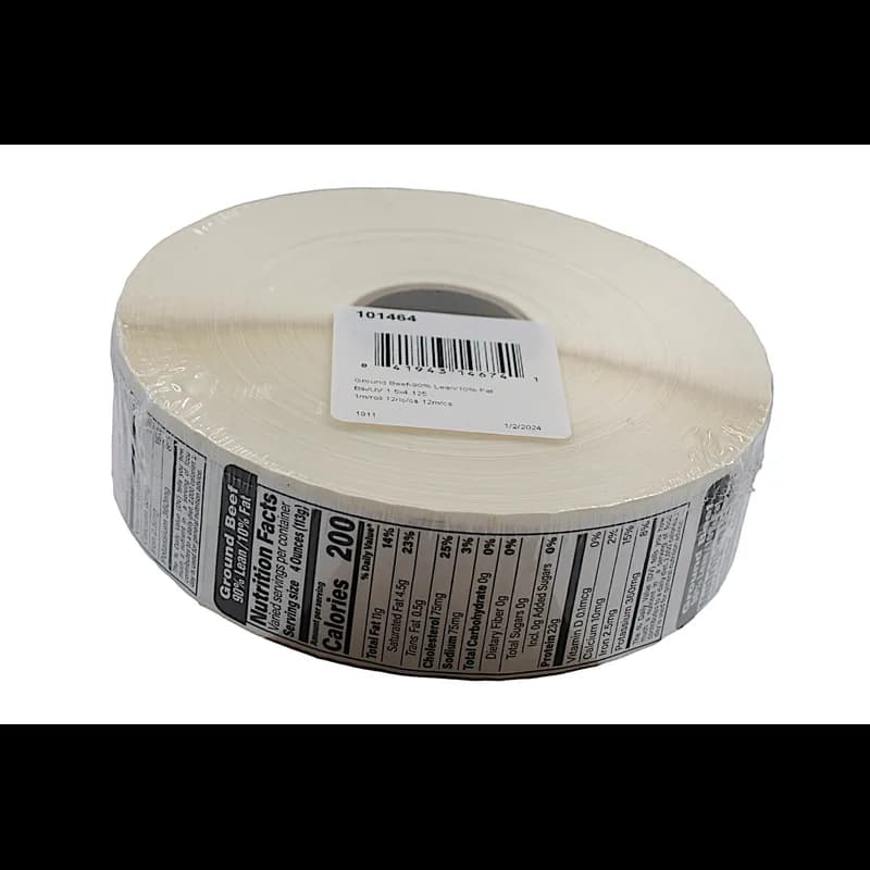 Ground Beef 90% Lean/10% Fat Meat Nutritional Label 1.5X4.125 IN Black UV 1000 Count/Roll 12 Rolls/Case 12000 Count/Case