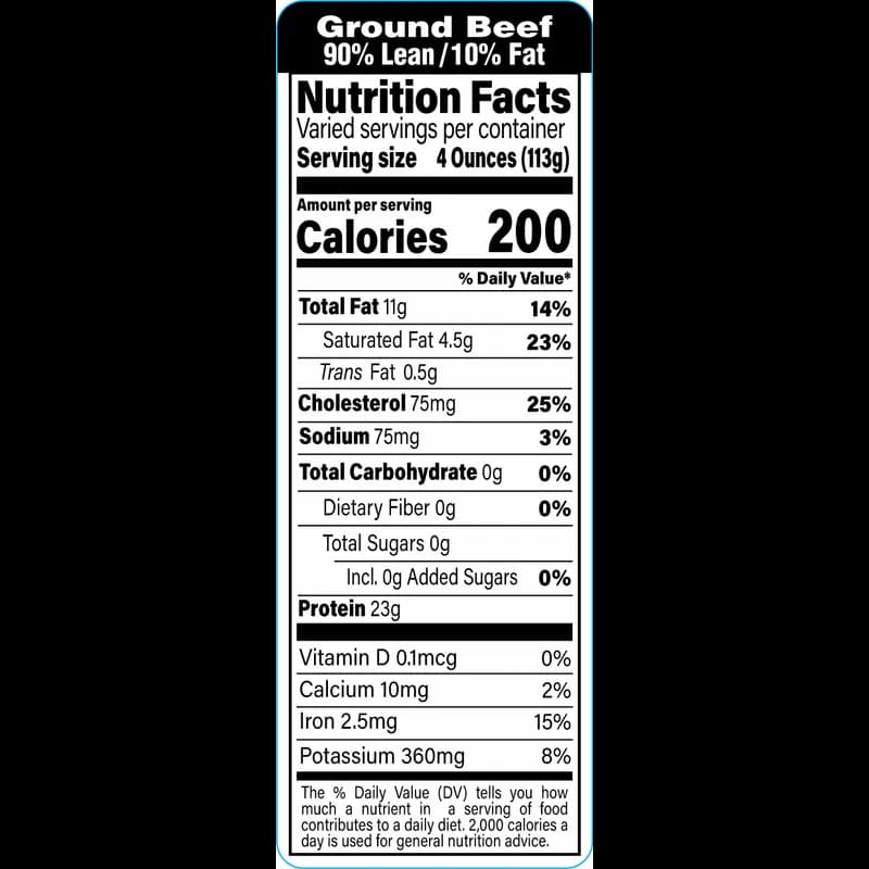 Ground Beef 90% Lean/10% Fat Meat Nutritional Label 1.5X4.125 IN Black UV 1000 Count/Roll 12 Rolls/Case 12000 Count/Case