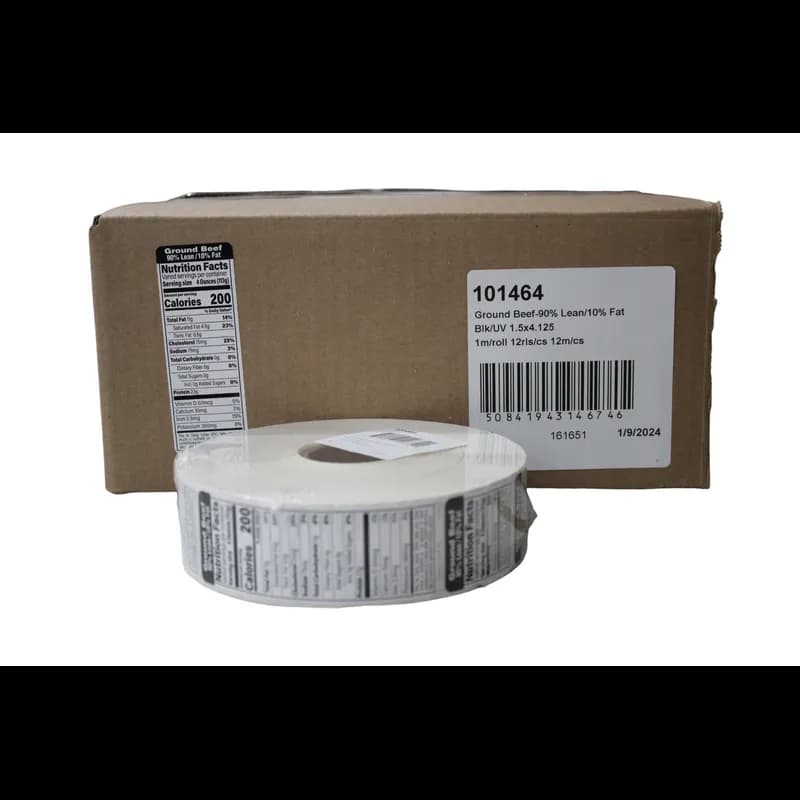 Ground Beef 90% Lean/10% Fat Meat Nutritional Label 1.5X4.125 IN Black UV 1000 Count/Roll 12 Rolls/Case 12000 Count/Case