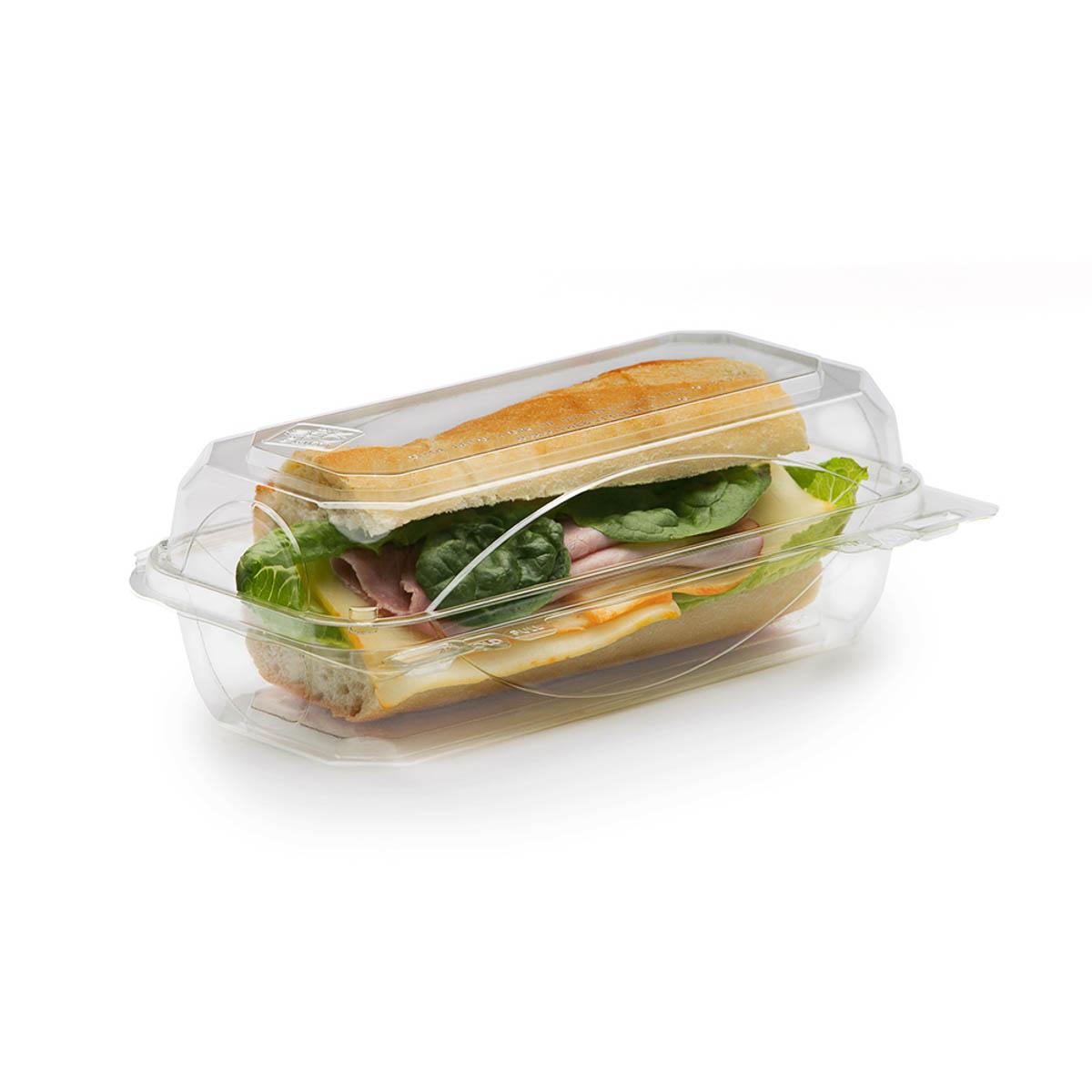 The BOTTLEBOX ® Take-Out Container Hinged 8.75X4.7X2.85 IN RPET Clear Rectangle 250/Case