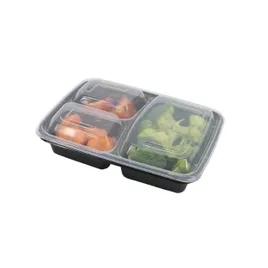 Deli Container Base & Lid Combo 33 OZ 3 Compartment PP Black Rectangle 150/Case