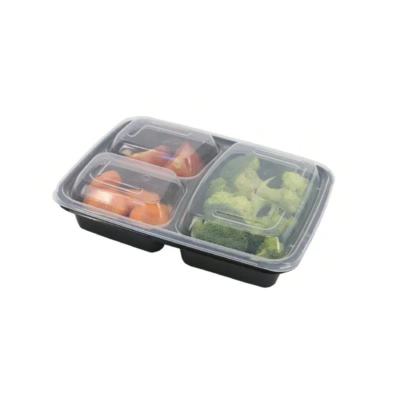 Deli Container Base & Lid Combo 33 OZ 3 Compartment PP Black Rectangle 150/Case