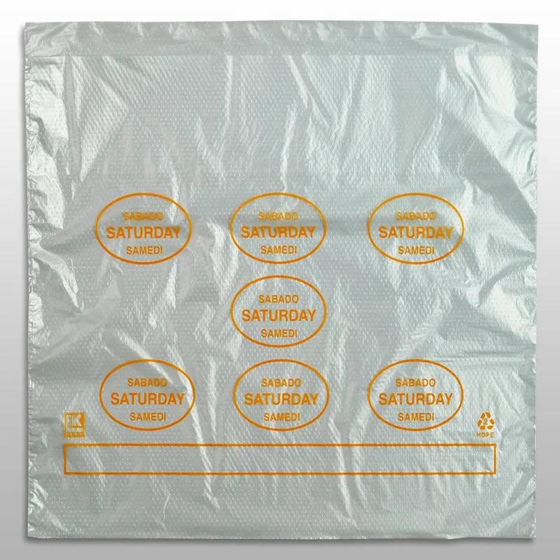 Bag 10X8.5+2 IN HDPE0.5MIL Clear Orange Saturday With Lip & Flip Closure Portion Bag Saddlepack Flat 2000/Case