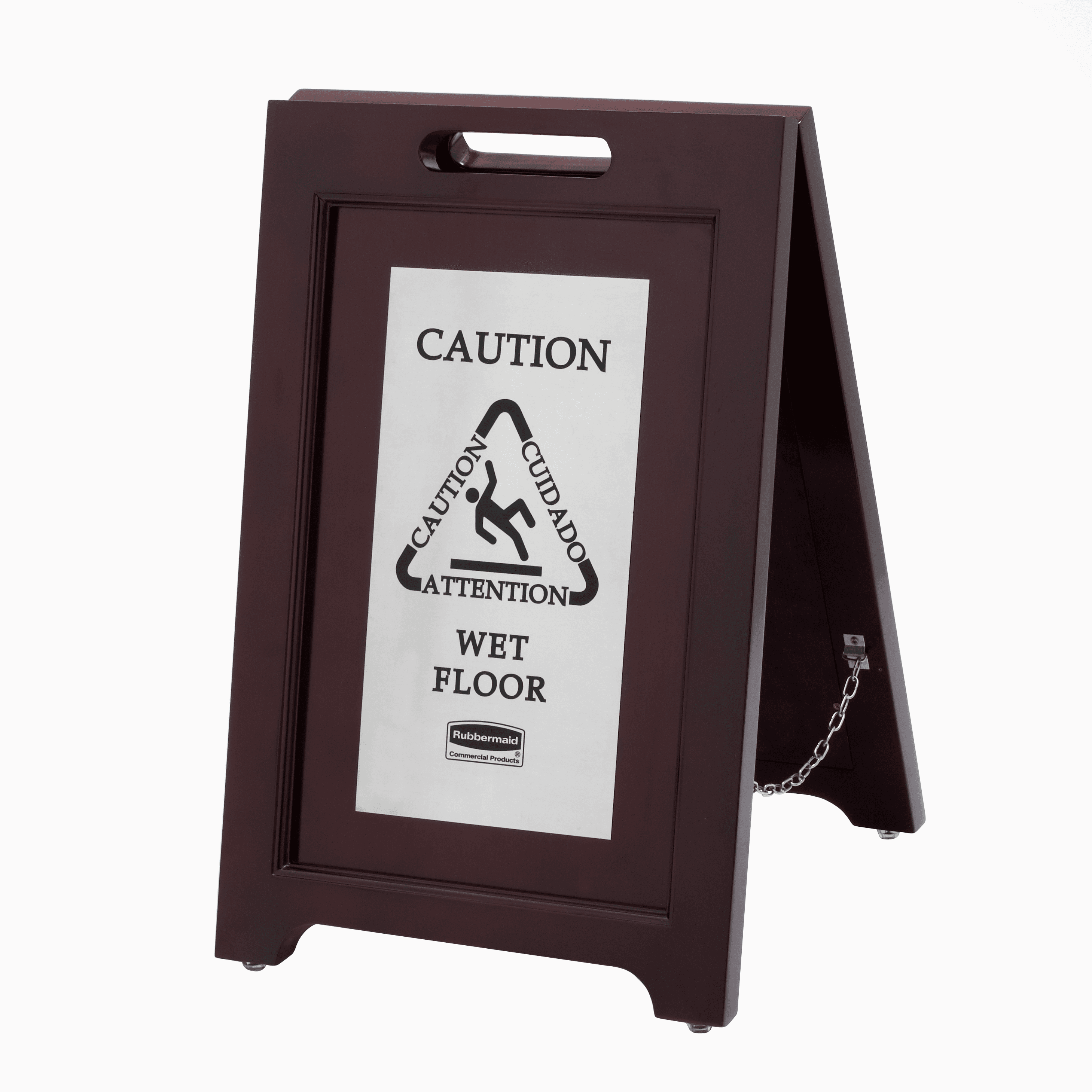 Caution Sign Dark Brown Silver Wood Stainless Steel Multilingual 2-Sided 1/Each
