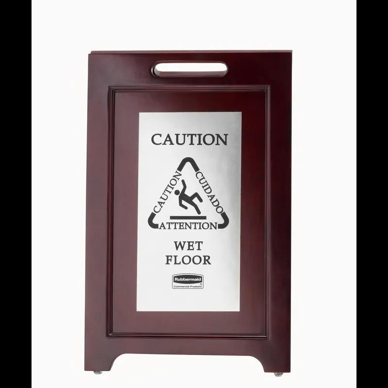 Caution Sign Dark Brown Silver Wood Stainless Steel Multilingual 2-Sided 1/Each