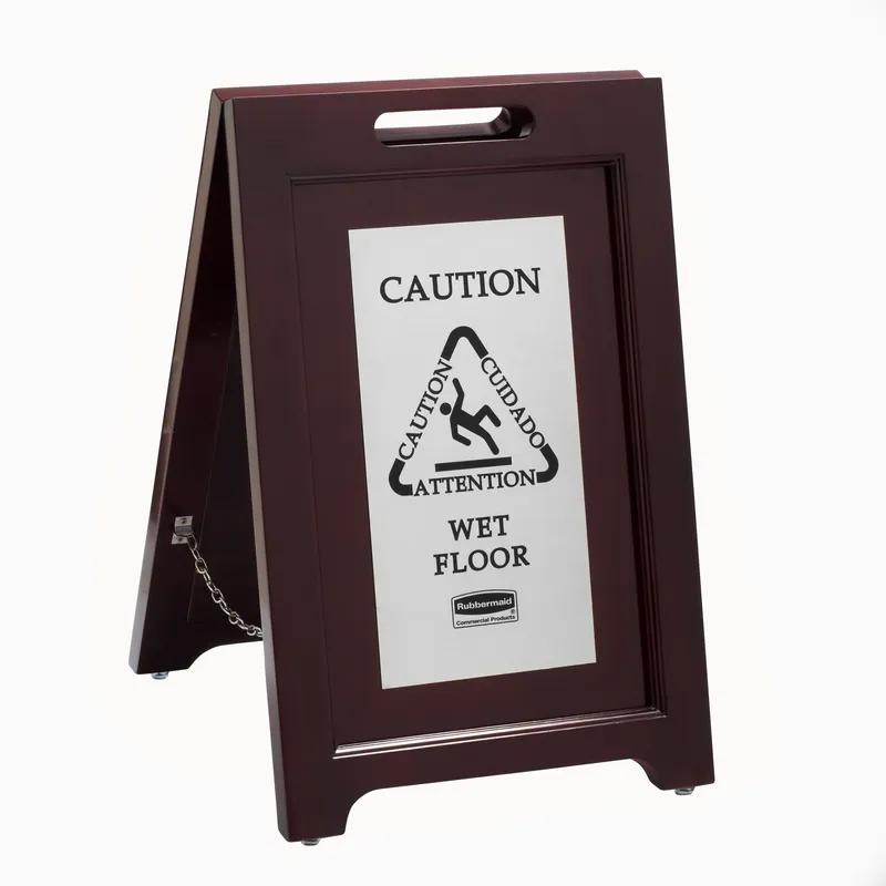 Caution Sign Dark Brown Silver Wood Stainless Steel Multilingual 2-Sided 1/Each