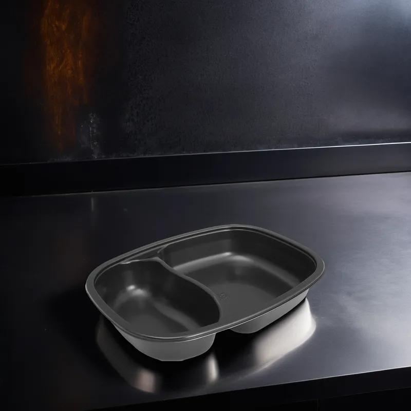 Take-Out Tray 8.50X6.50X1.50 IN 2 Compartment Black Oval Dual Ovenable Freezer Safe 2000/Case