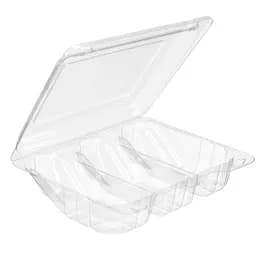 Essentials SureLock Bakery Hinged Container With Dome Lid 8.5625X6.5X2.25 IN 3 Compartment RPET Clear Rectangle 264/Case