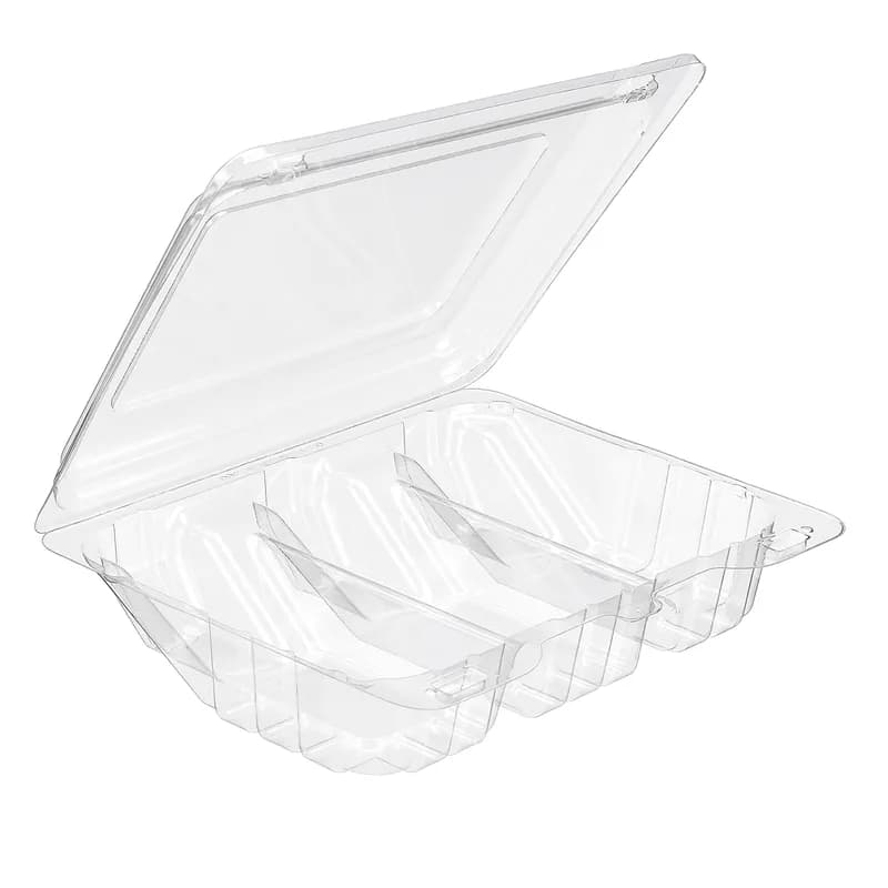 Essentials SureLock Bakery Hinged Container With Dome Lid 8.5625X6.5X2.25 IN 3 Compartment RPET Clear Rectangle 264/Case