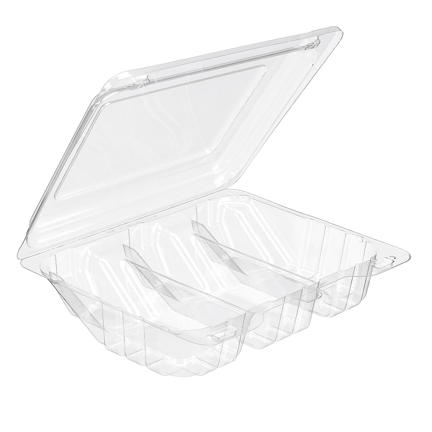 Essentials SureLock Bakery Hinged Container With Dome Lid 8.5625X6.5X2.25 IN 3 Compartment RPET Clear Rectangle 264/Case
