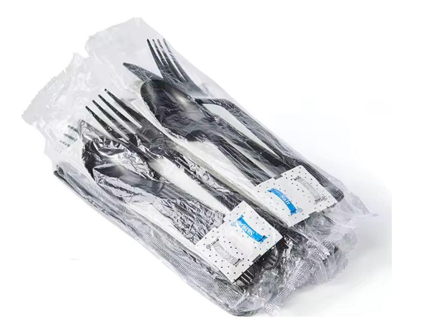 Victoria Bay 6PC Cutlery Kit PP Black Heavyweight With Napkin,Fork,Knife,Teaspoon,Salt & Pepper 250/Case