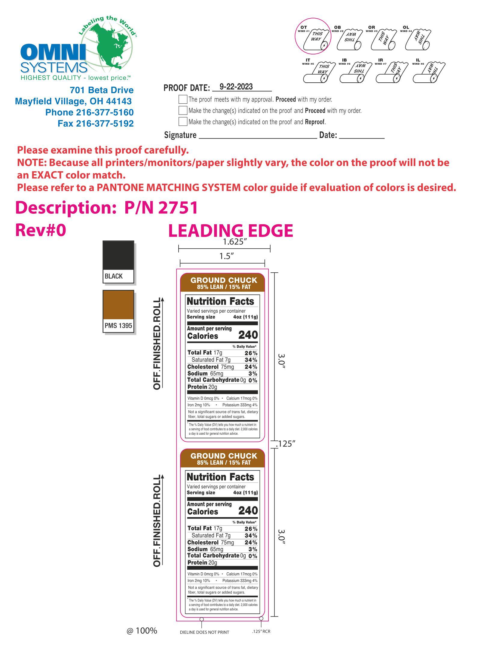 Ground Chuck 85% Lean Label 1000 Count/Roll 4 Rolls/Case