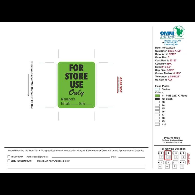 For Store Use Only Label 500 Count/Roll 4 Rolls/Case
