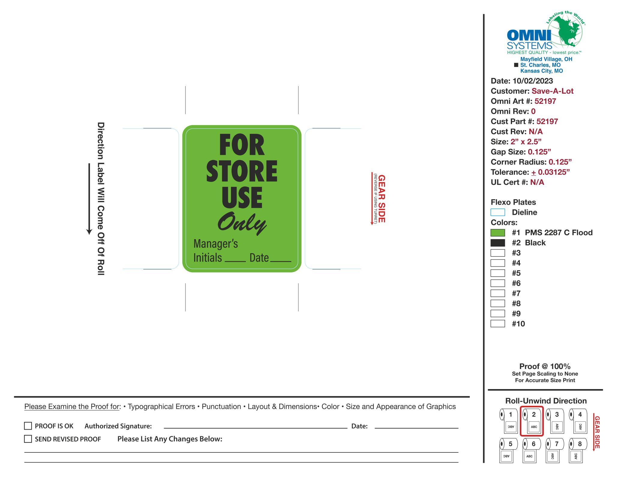 For Store Use Only Label 500 Count/Roll 4 Rolls/Case