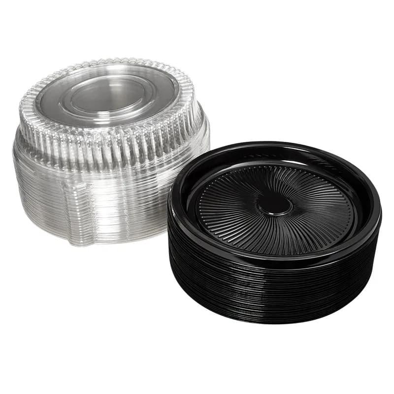 Victoria Bay Catering Tray Base & Lid Combo With High Dome Lid 12 IN PET Black Clear Round 25/Case