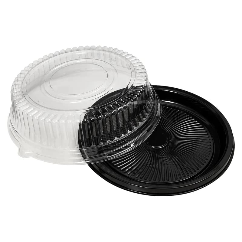 Victoria Bay Catering Tray Base & Lid Combo With High Dome Lid 12 IN PET Black Clear Round 25/Case