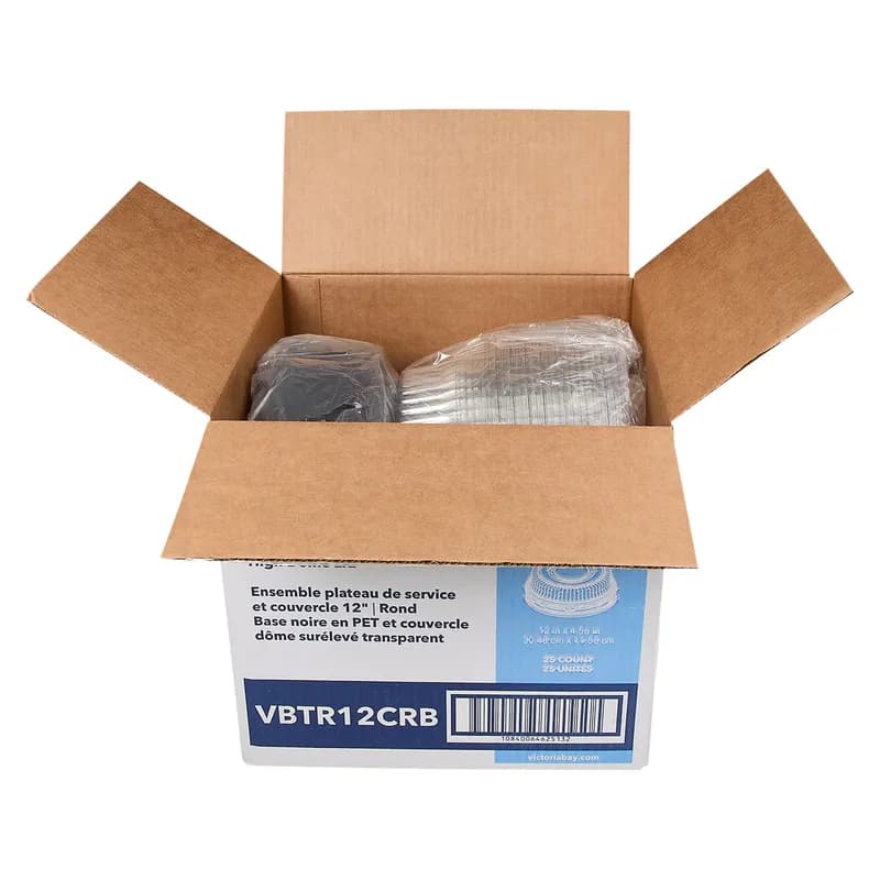 Victoria Bay Catering Tray Base & Lid Combo With High Dome Lid 12 IN PET Black Clear Round 25/Case