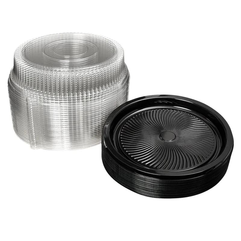 Victoria Bay Catering Tray Base & Lid Combo With High Dome Lid PET Black Clear Round 25/Case