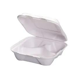 Take-Out Container Hinged 8X8X2.55 IN 3 Compartment Pulp Fiber White Square 200/Case
