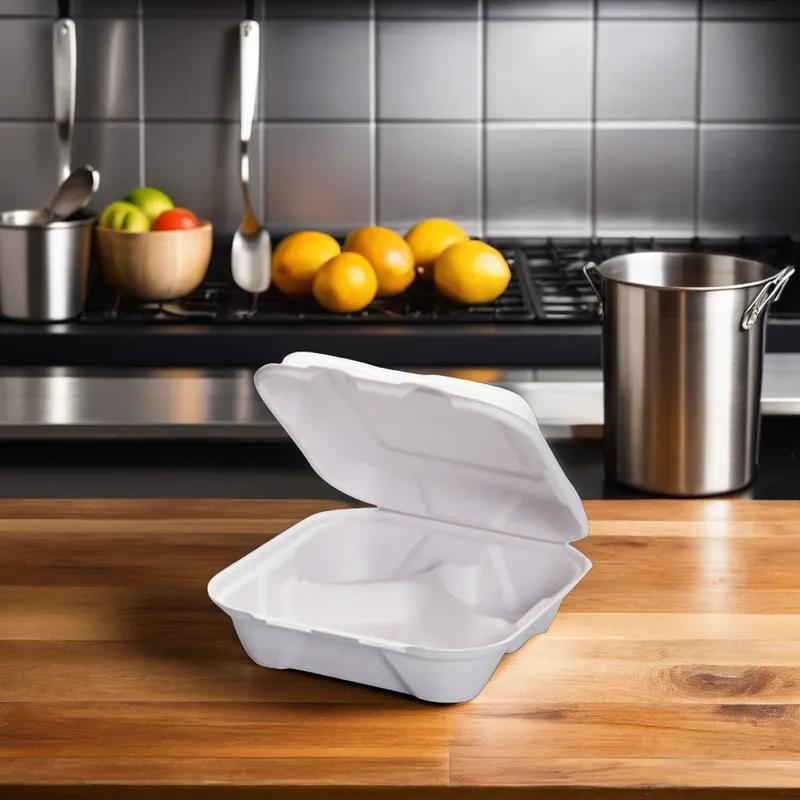 Take-Out Container Hinged 8X8X2.55 IN 3 Compartment Pulp Fiber White Square 200/Case
