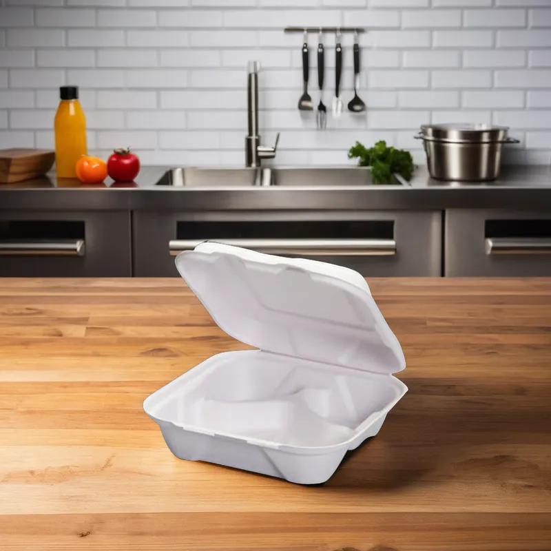 Take-Out Container Hinged 8X8X2.55 IN 3 Compartment Pulp Fiber White Square 200/Case