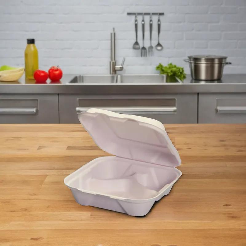 Take-Out Container Hinged 8X8X2.55 IN 3 Compartment Pulp Fiber White Square 200/Case