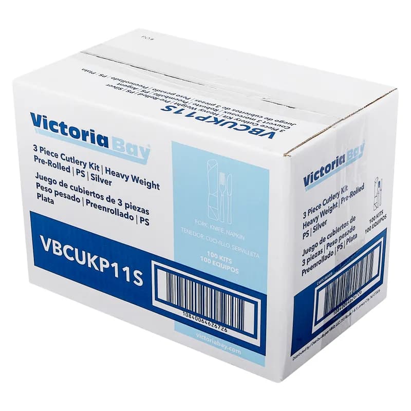 Victoria Bay 3PC Cutlery Kit PS Silver Heavy Pre-Rolled Banded With 15.5X16 Linen Feel Napkin,Fork,Knife 100/Case