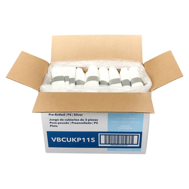 Victoria Bay 3PC Cutlery Kit PS Silver Heavy Pre-Rolled Banded With 15.5X16 Linen Feel Napkin,Fork,Knife 100/Case