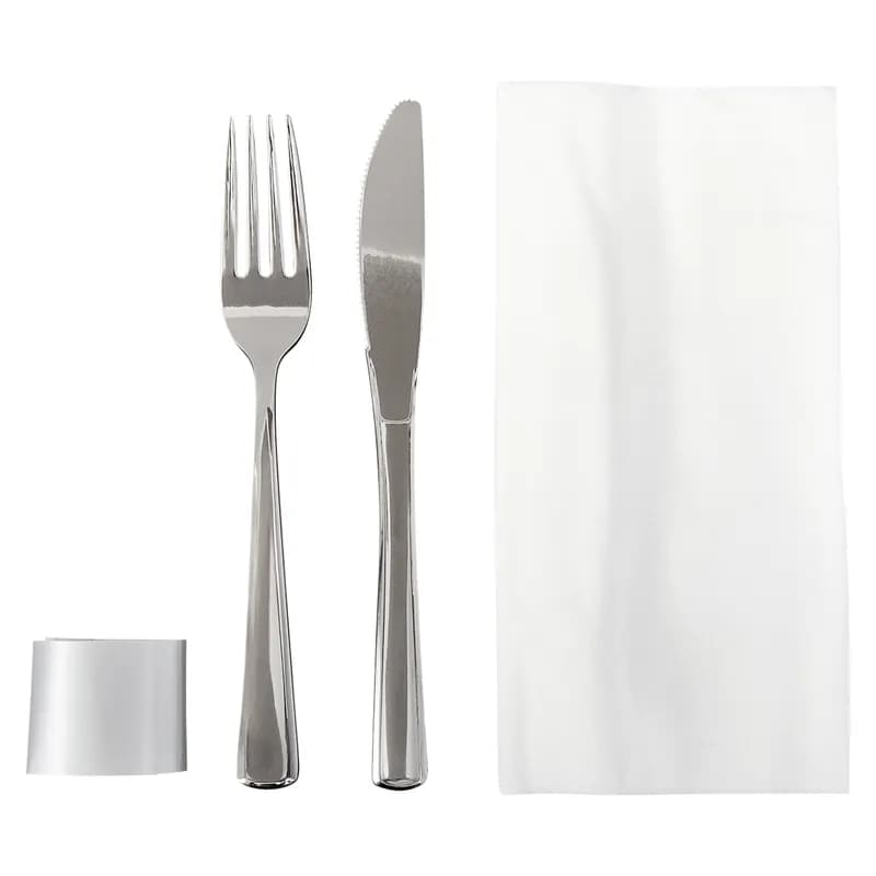 Victoria Bay 3PC Cutlery Kit PS Silver Heavy Pre-Rolled Banded With 15.5X16 Linen Feel Napkin,Fork,Knife 100/Case