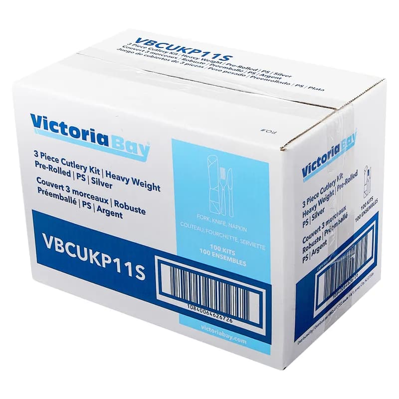 Victoria Bay 3PC Cutlery Kit PS Silver Heavy Pre-Rolled Banded With 15.5X16 Linen Feel Napkin,Fork,Knife 100/Case