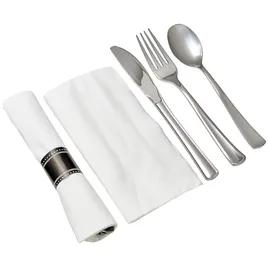 Victoria Bay 4PC Cutlery Kit PS Silver Heavy Pre-Rolled Banded With 15X16 Linen Feel Napkin,Fork,Knife,Teaspoon 100/Case