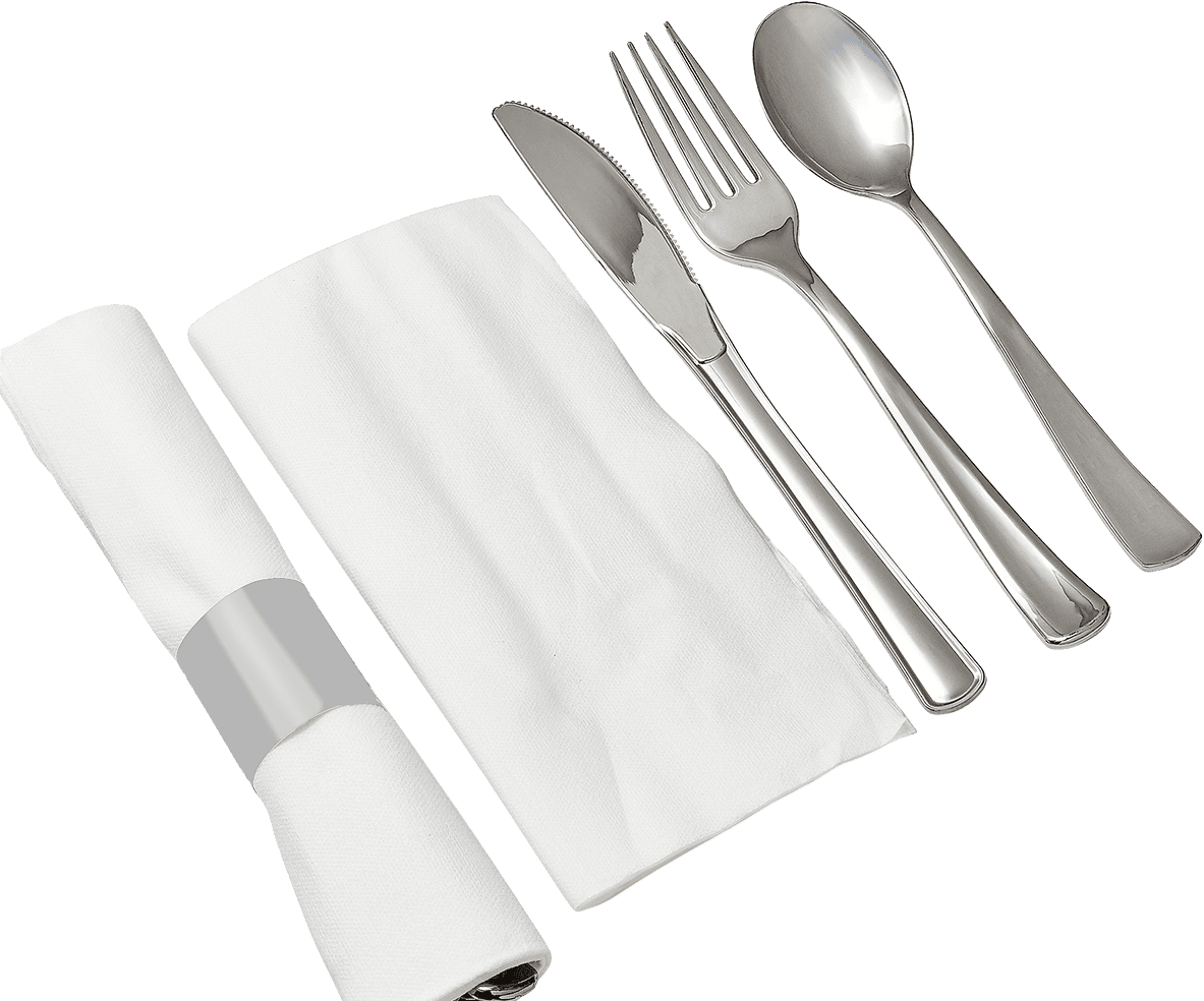 Victoria Bay 4PC Cutlery Kit PS Silver Heavy Pre-Rolled Banded With 15X16 Linen Feel Napkin,Fork,Knife,Teaspoon 100/Case