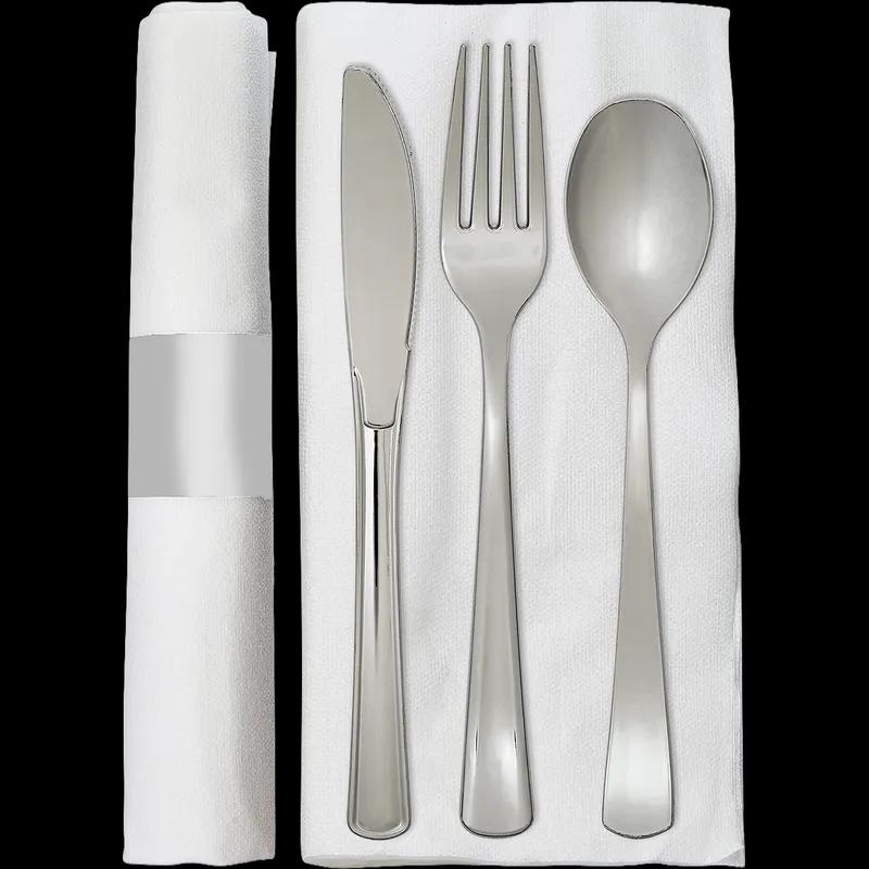 Victoria Bay 4PC Cutlery Kit PS Silver Heavy Pre-Rolled Banded With 15X16 Linen Feel Napkin,Fork,Knife,Teaspoon 100/Case