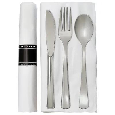 Victoria Bay 4PC Cutlery Kit PS Silver Heavy Pre-Rolled Banded With 15X16 Linen Feel Napkin,Fork,Knife,Teaspoon 100/Case