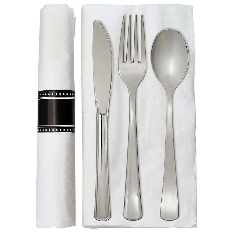 Victoria Bay 4PC Cutlery Kit PS Silver Heavy Pre-Rolled Banded With 15X16 Linen Feel Napkin,Fork,Knife,Teaspoon 100/Case