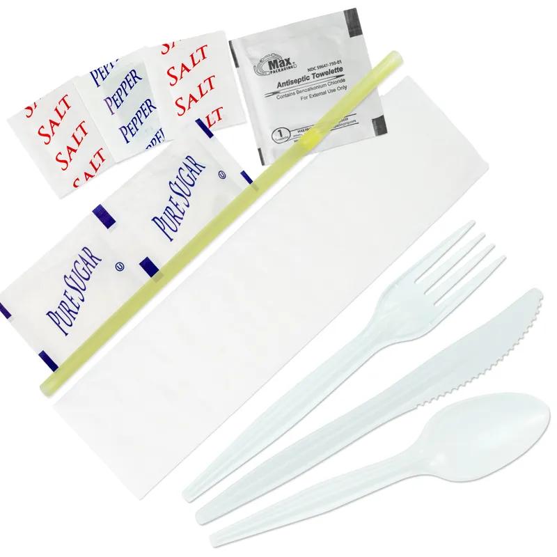 7PC Cutlery Kit Blue With Fork,Knife,Teaspoon,2 Sugar,Salt & Pepper,Moist Towelette 250/Case