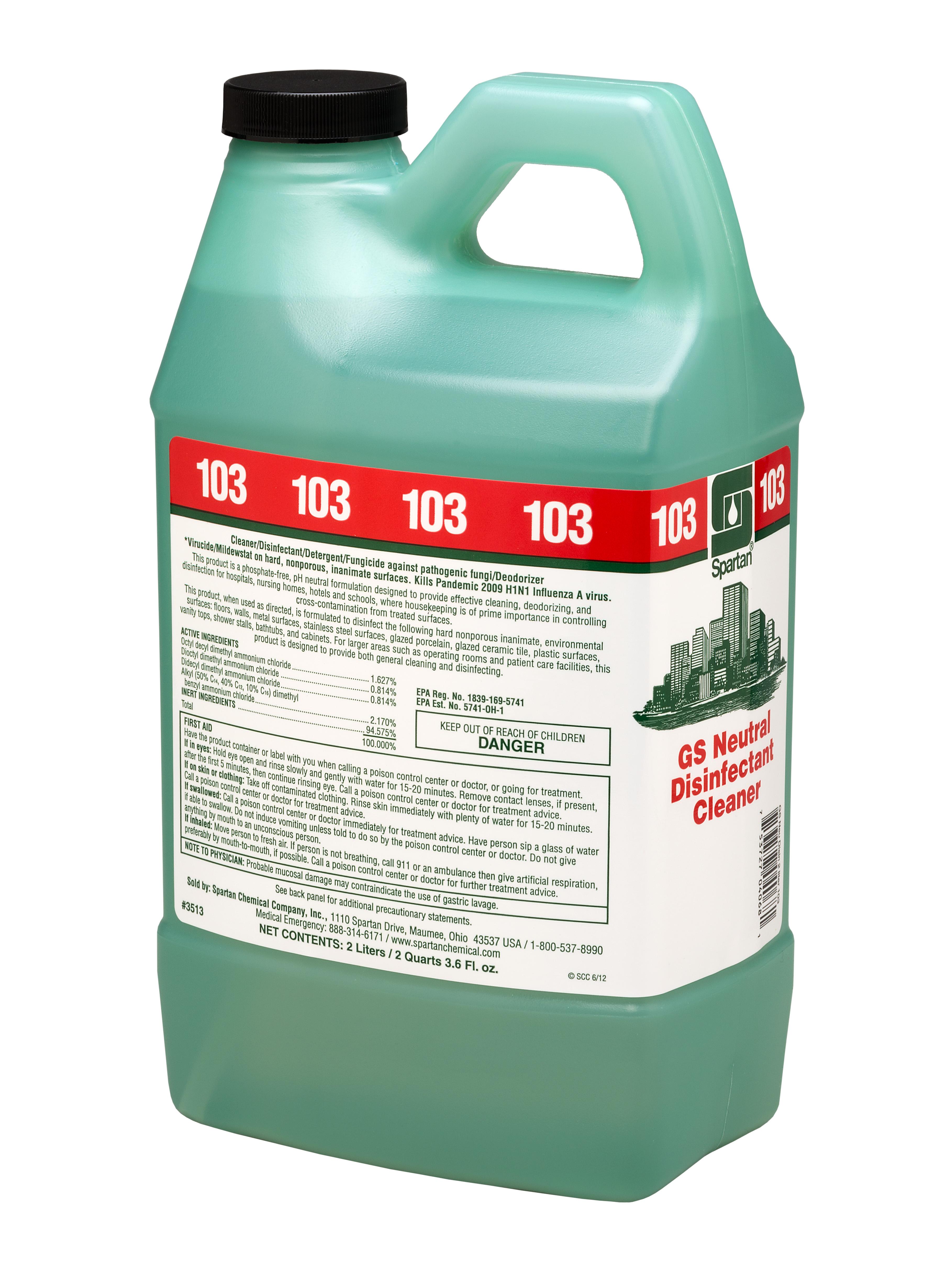 Green Solutions® Neutral Disinfectant Cleaner® 103 Unscented One-Step 2 L Multi Surface Concentrate Quat 4/Case