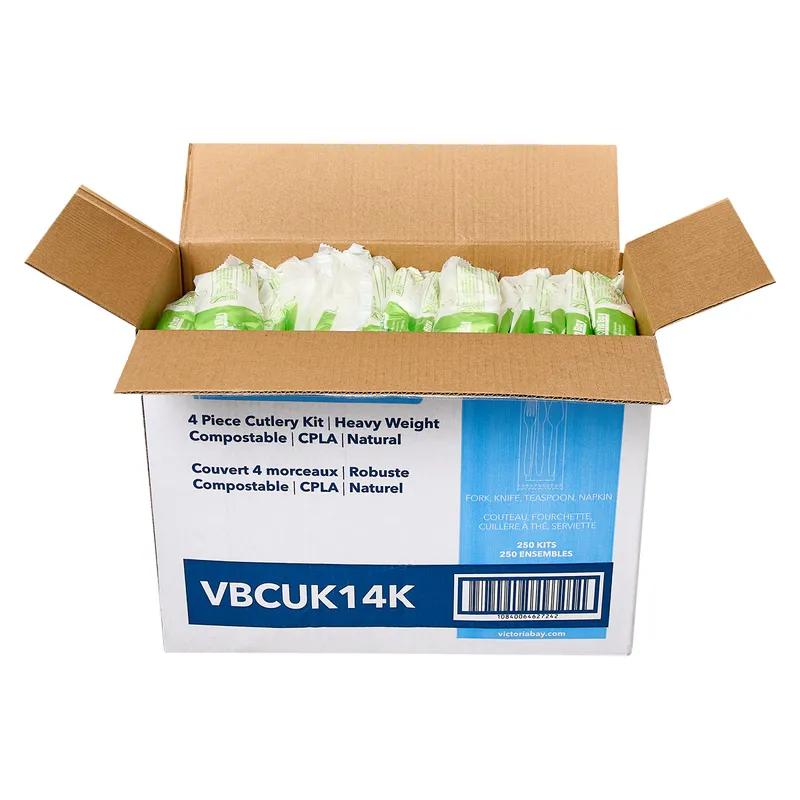 Victoria Bay 3PC Cutlery Kit CPLA Natural Heavyweight With Napkin,Fork,Knife,Teaspoon 250/Case