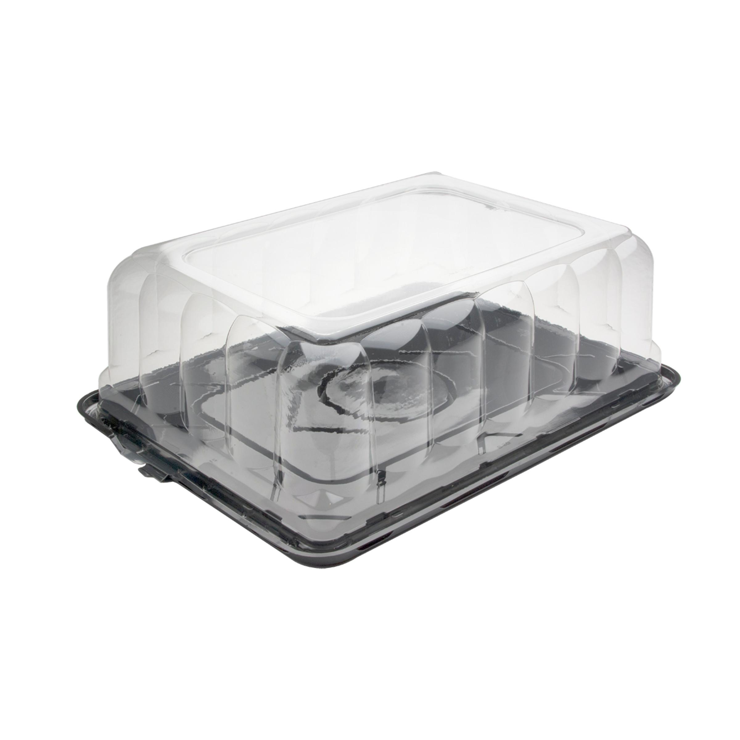 RoseDome Cake Container & Lid Combo With Dome Lid 1/4 Size 15X11X5 IN PET Clear Black Rectangle Short Tab 65/Case