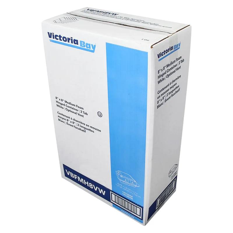 Victoria Bay Take-Out Container Hinged Medium (MED) 8.375X8.125X3 IN Foam White Tab-Lock Vented 150/Case
