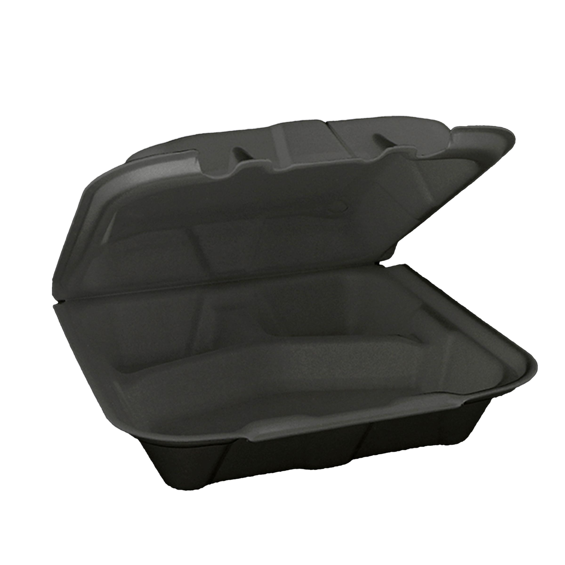 Victoria Bay Take-Out Container Hinged Medium (MED) 8.375X8.125X3 IN 3 Compartment Foam Black Dual-Tab Vented 150/Case