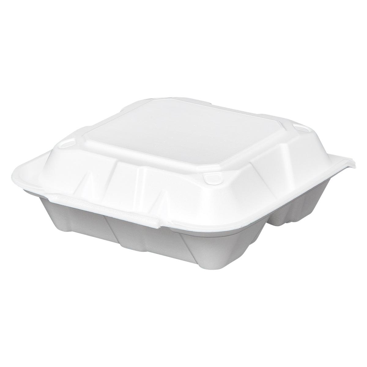 Victoria Bay Take-Out Container Hinged Medium (MED) 8.375X8.125X3 IN 3 Compartment Foam White Tab-Lock Vented 150/Case