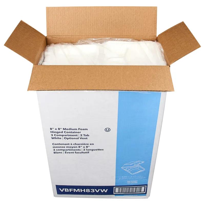 Victoria Bay Take-Out Container Hinged Medium (MED) 8.375X8.125X3 IN 3 Compartment Foam White Tab-Lock Vented 150/Case