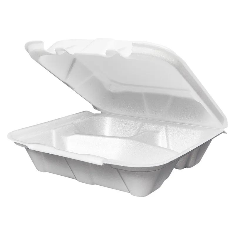 Victoria Bay Take-Out Container Hinged Medium (MED) 8.375X8.125X3 IN 3 Compartment Foam White Tab-Lock Vented 150/Case