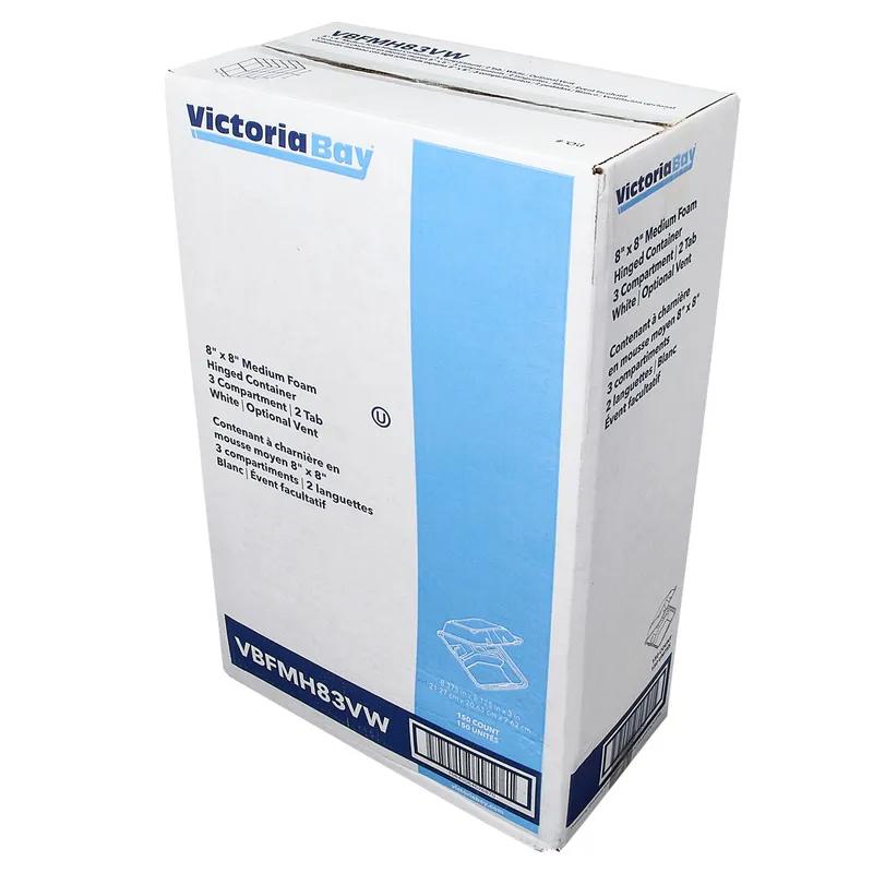 Victoria Bay Take-Out Container Hinged Medium (MED) 8.375X8.125X3 IN 3 Compartment Foam White Tab-Lock Vented 150/Case