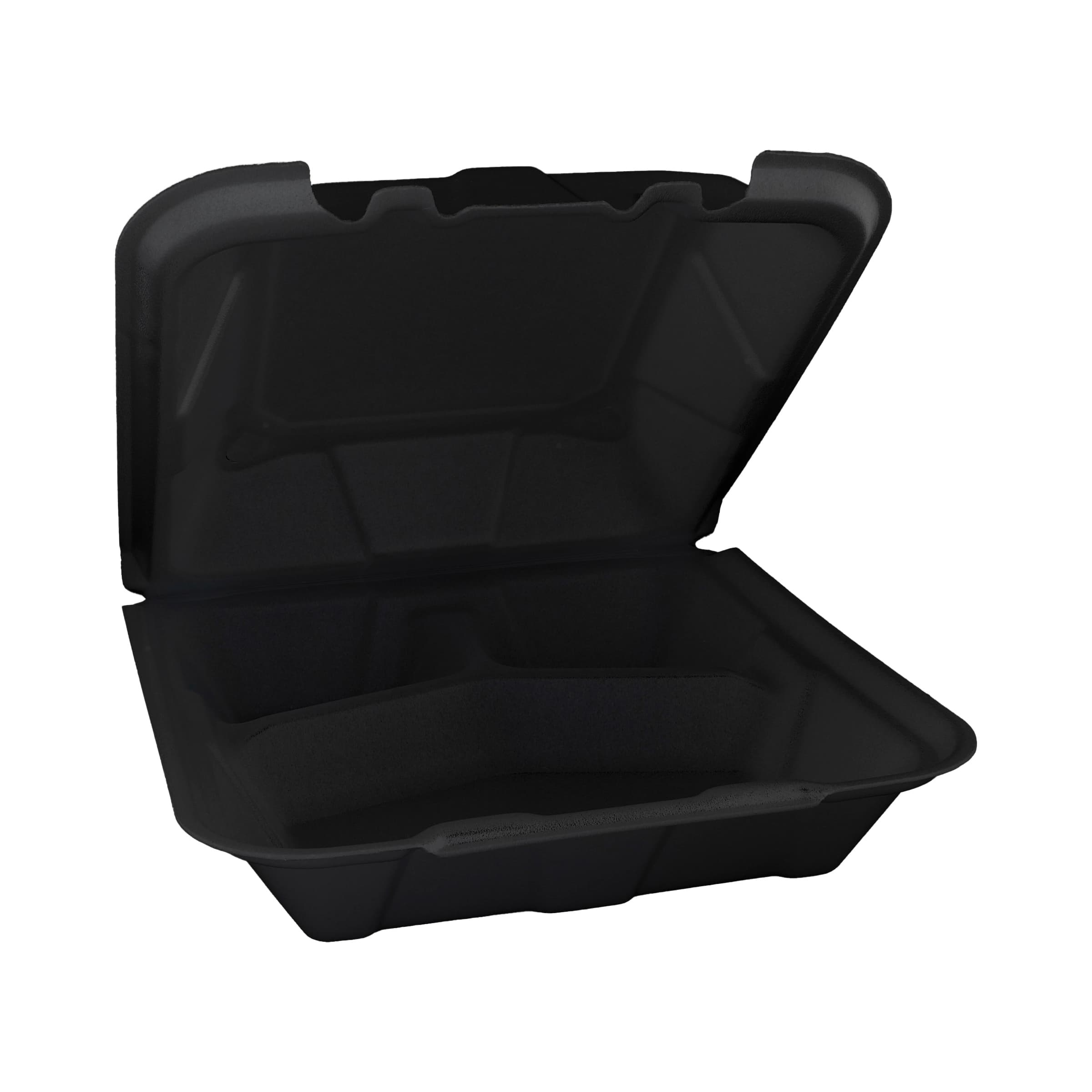 Victoria Bay Take-Out Container Hinged Large (LG) 9X9.1X3.2 IN 3 Compartment Foam Black Tab-Lock Vented 150/Case