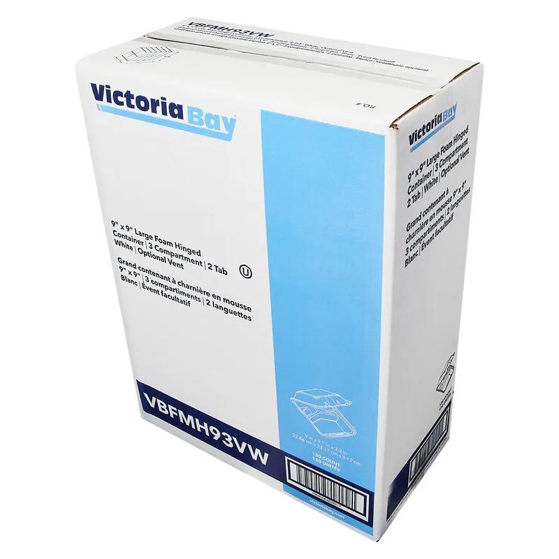 Victoria Bay Take-Out Container Hinged Large (LG) 9X9.1X3.2 IN 3 Compartment Foam White Dual-Tab Vented 150/Case