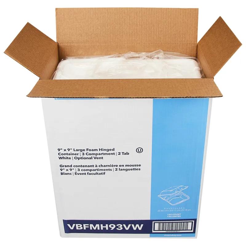 Victoria Bay Take-Out Container Hinged Large (LG) 9X9.1X3.2 IN 3 Compartment Foam White Dual-Tab Vented 150/Case