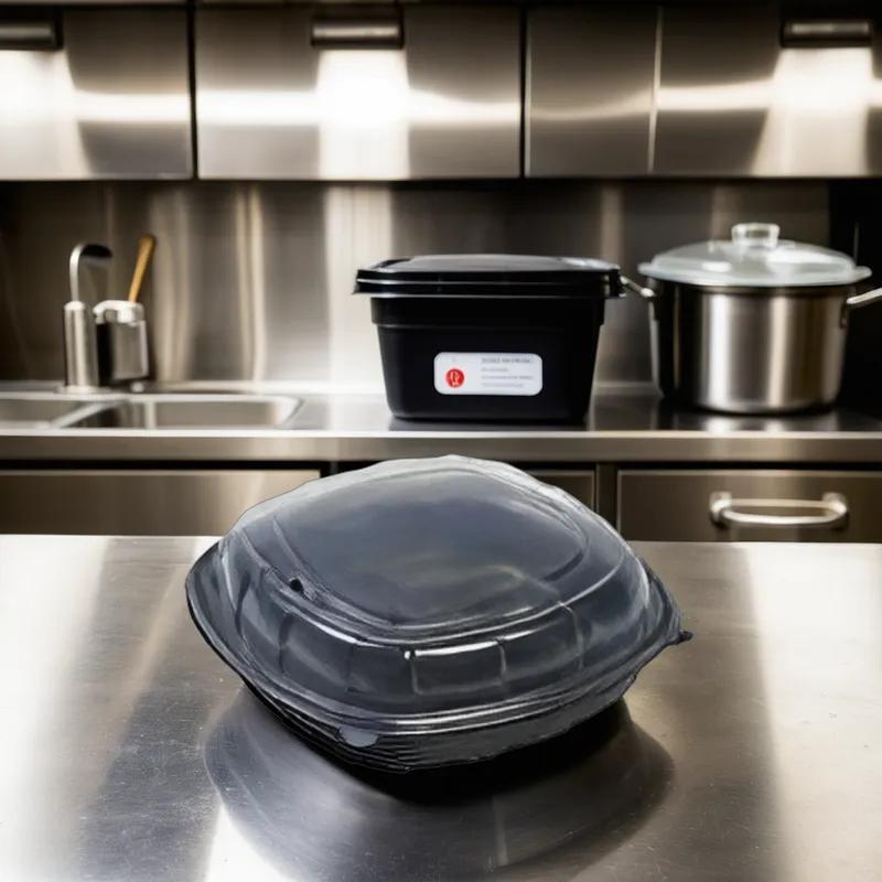 Victoria Bay Take-Out Container Hinged With High Dome Lid 10X10X3 IN PP Black Clear Square 148/Case