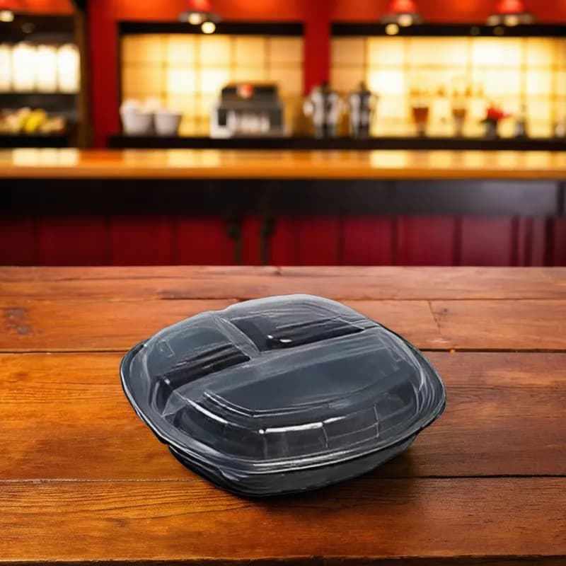 Victoria Bay Take-Out Container Hinged 10X10X2.5 IN 3 Compartment PP Black Clear Square 148/Case